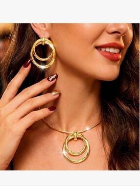 Gold Double Circle Pendant Necklace and Hoop Earring Set - Women Jewelry